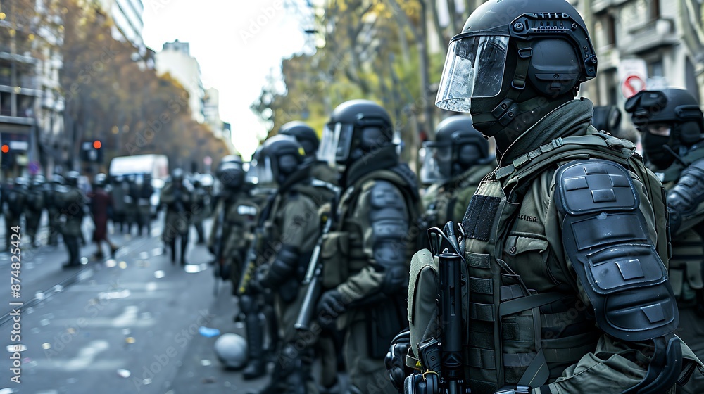 Riot police lined up in formation with tactical gear in an urban environment Riot police lined up in formation with tactical gear in an urban environment