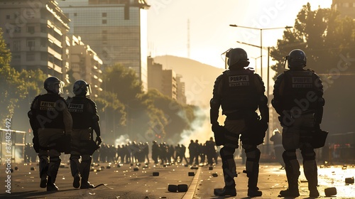 Riot police lined up in formation with tactical gear in an urban environment