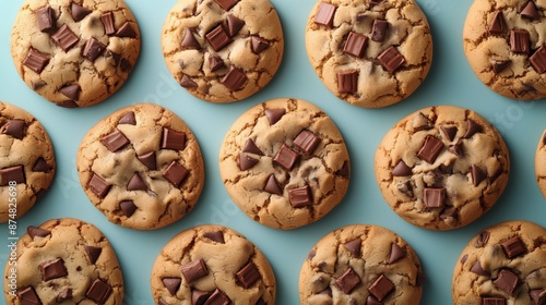 A collection of golden-brown cookies studded with rich chocolate chunks on a teal background.