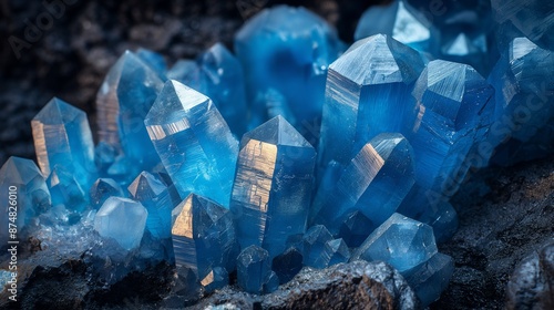 Stunning deep blue crystals emerge from a dark rocky substrate, their geometric forms capturing light and casting sharp reflections.