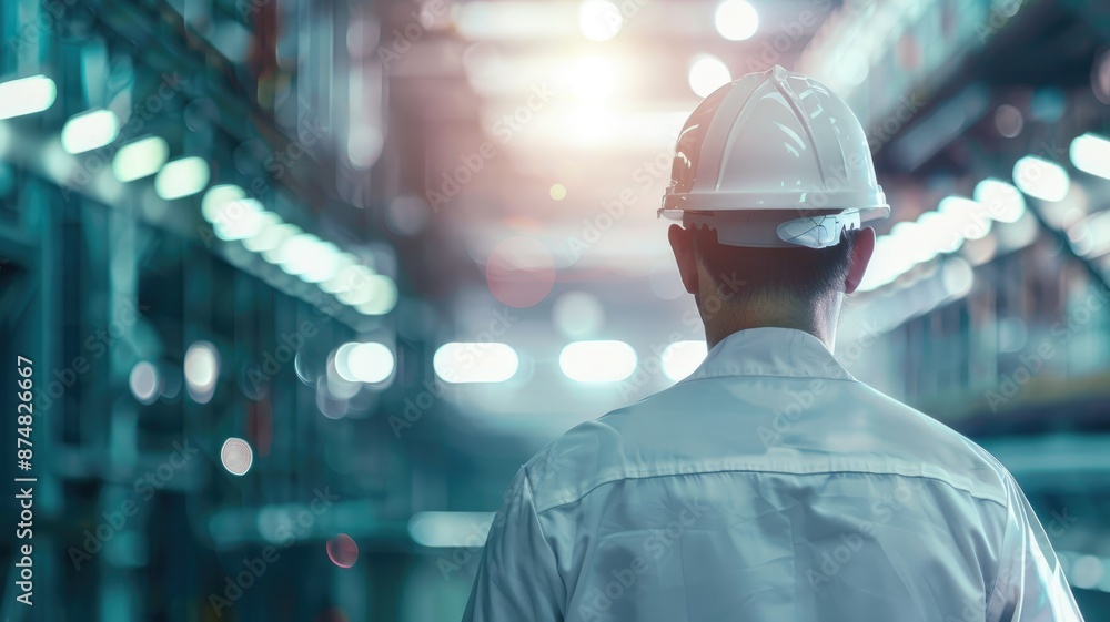 Industrial Worker in a Factory - A worker in a white hardhat walks through a factory with various machinery and equipment in the background. - A worker in a white hardhat walks through a factory with Industrial Worker in a Factory - A worker in a white hardhat walks through a factory with various machinery and equipment in the background. - A worker in a white hardhat walks through a factory with