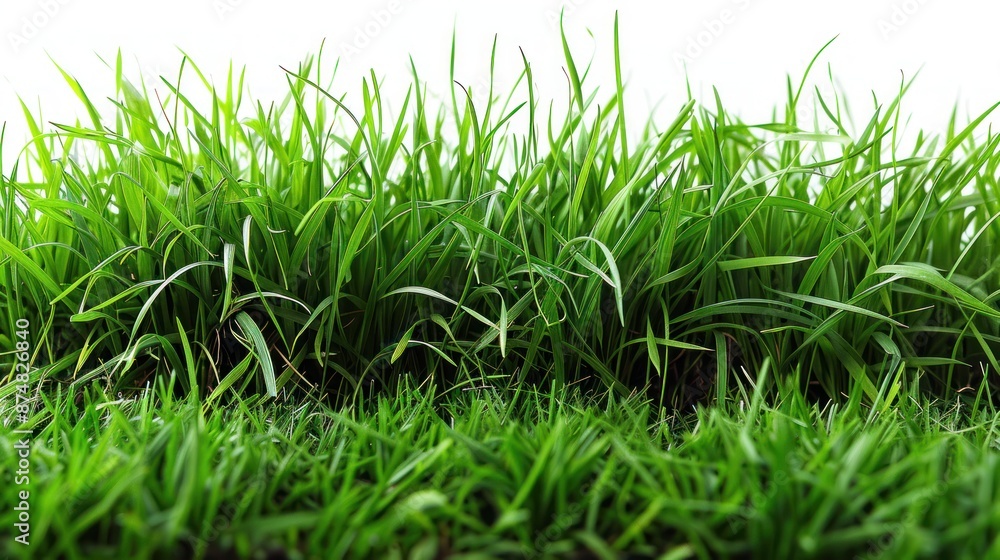 Fototapeta premium Object of a plot of lush green grass on a white background with neatly trimmed grass, ground level view. cut blades of grass. well maintained lawn