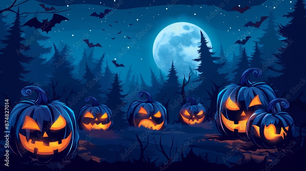 A whimsical vector illustration of a Halloween night scene featuring glowing pumpkins under a moonlit sky, nestled in a mysterious forest. A whimsical vector illustration of a Halloween night scene featuring glowing pumpkins under a moonlit sky, nestled in a mysterious forest.