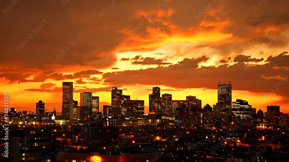 Fototapeta premium Glowing cityscape under vibrant setting sun