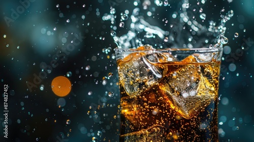 Refreshing Iced Beverage with Ice Cubes - A close-up of a glass of iced beverage with ice cubes, captured during a refreshing splash, creating a visually appealing still life image. - A close-up of a