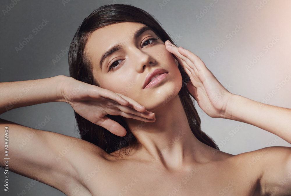 Fototapeta premium Portrait, skincare and model touch face for glow, shine and natural isolated on gray studio background. Beauty, makeup and hands of confident woman in cosmetics at spa for dermatology and wellness