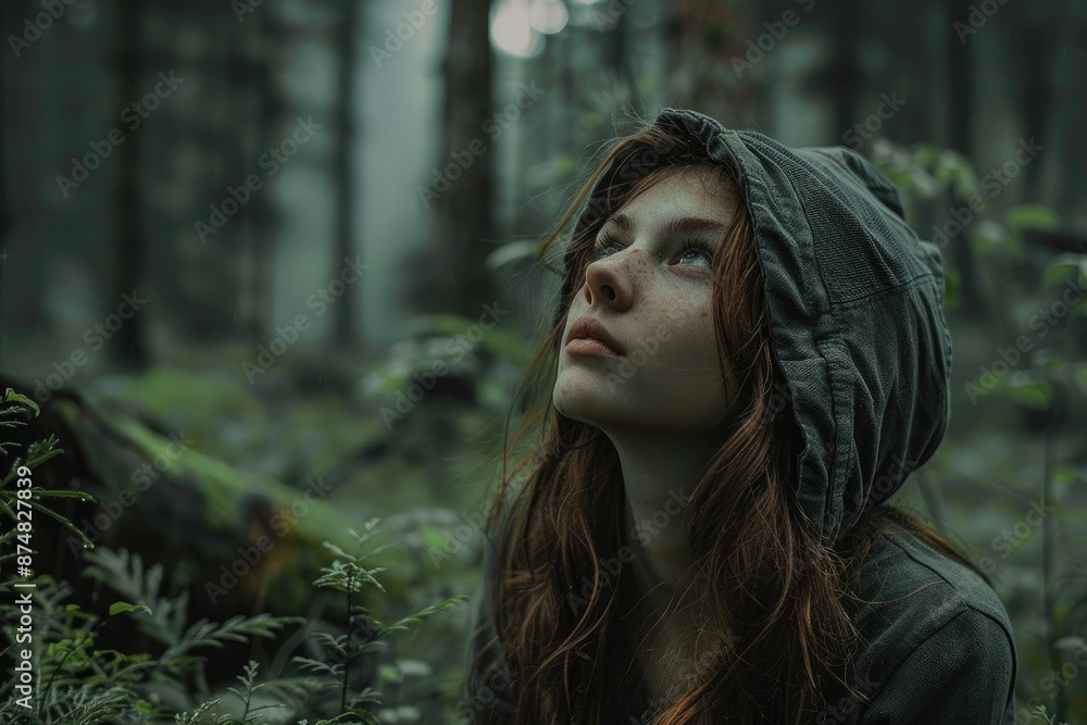 Mystical Forest Portrait - A young woman with long red hair and freckles looks up in a mysterious forest, shrouded in a dark and atmospheric setting. - A young woman with long red hair and freckles lo Mystical Forest Portrait - A young woman with long red hair and freckles looks up in a mysterious forest, shrouded in a dark and atmospheric setting. - A young woman with long red hair and freckles lo