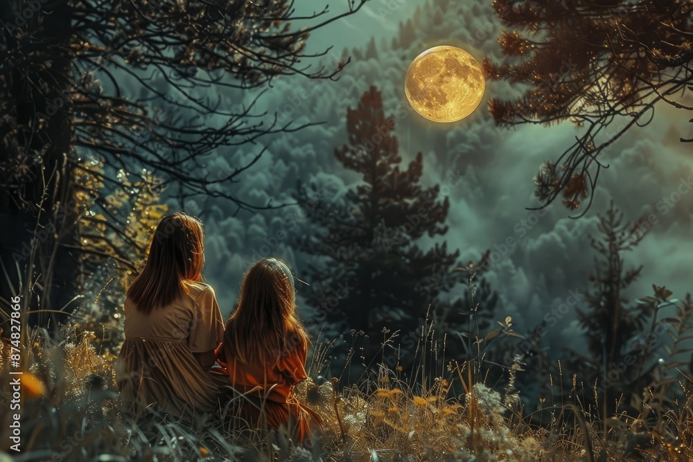 Fototapeta premium Two Girls Watching the Full Moon - Two girls are sitting in a forest, looking up at the full moon. The scene is full of mystery and magic. - Two girls are sitting in a forest, looking up at the full m