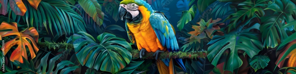 Obraz premium Majestic Macaw Parrot Perched Proudly in the Vibrant Canopy of Lush Tropical Jungle, Surrounded by Lively Foliage and Exotic Flora, Showcasing the Beauty and Diversity of Nature
