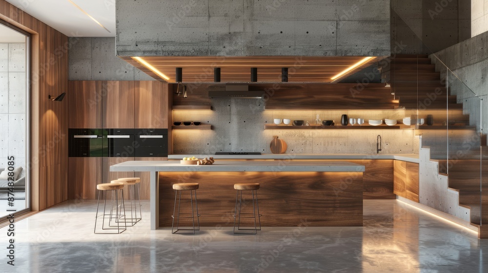 Modern Kitchen Interior Design with Wood and Concrete - A modern kitchen interior with a large island, wood cabinets, concrete countertops, and stainless steel appliances. - A modern kitchen interior Modern Kitchen Interior Design with Wood and Concrete - A modern kitchen interior with a large island, wood cabinets, concrete countertops, and stainless steel appliances. - A modern kitchen interior