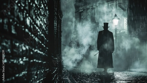 Mysterious Gentleman In A Rainy London Alley - A mysterious figure in a long coat and hat walks through a dark and foggy alley in London. The street is wet from the rain, and the only light comes from