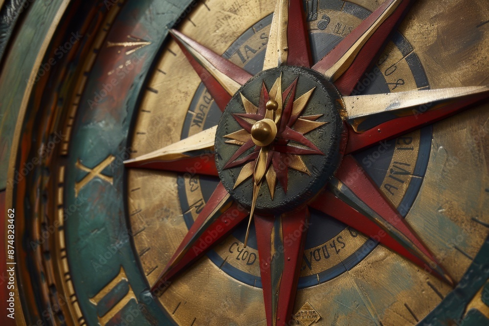 Fototapeta premium Timeless Intersection of Time and Direction with a Wall Clock Featuring a Compass Design, Ready to Navigate the Passage of Hours and Minutes, Perfect for Home Decor and Nautical-Themed Spaces