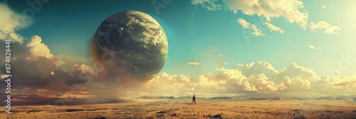 A Man Standing in Awe of a Floating Planet - A lone man stands on a barren desert landscape, gazing up in awe at a giant planet floating in the sky, surrounded by fluffy clouds. - A lone man stands on