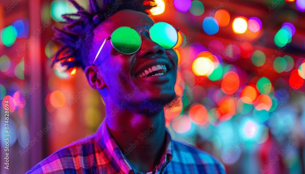 A young Black man with dreadlocks and reflective sunglasses, smiling joyfully at a vibrant party with colorful bokeh lights in the background A young Black man with dreadlocks and reflective sunglasses, smiling joyfully at a vibrant party with colorful bokeh lights in the background