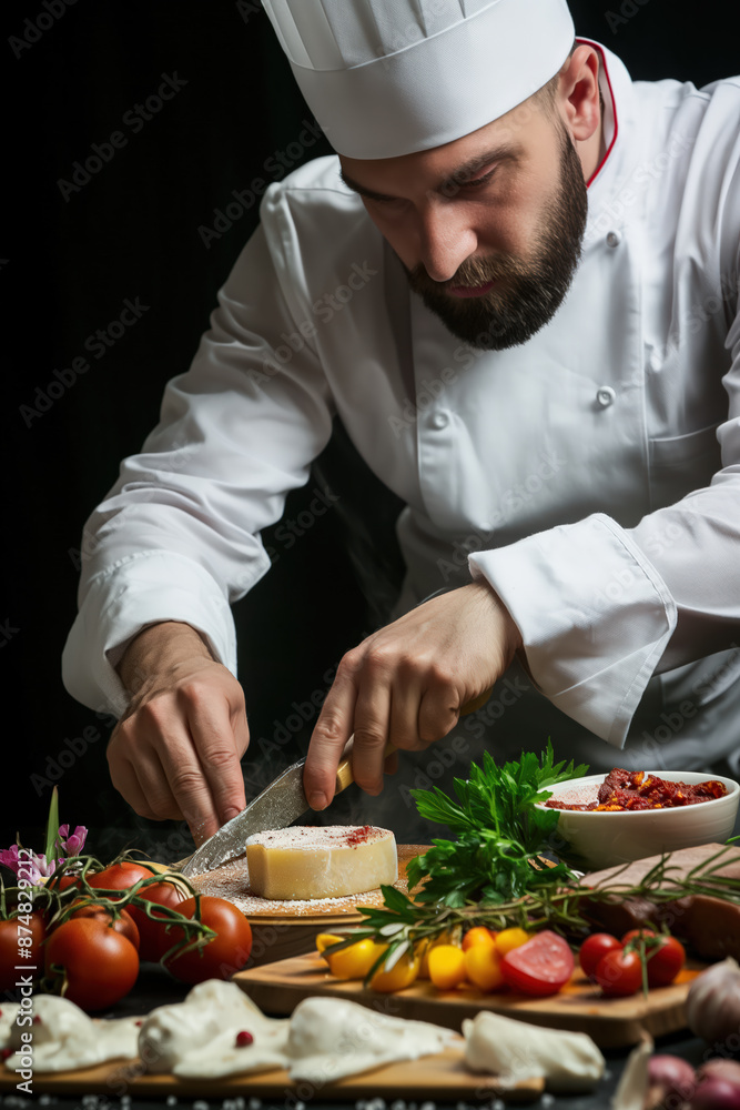 Chef cutting cheese wheel into wedges for plating gourmet dish Chef cutting cheese wheel into wedges for plating gourmet dish