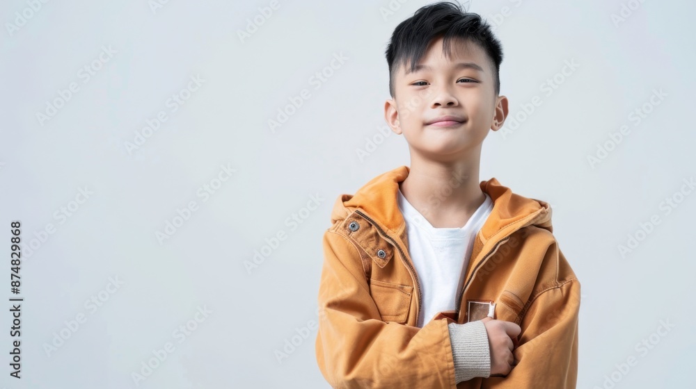 An Asian boy posing confidently on a vibrant white background. He is casually dressed in modern clothing, exuding a sense of youth and energy. An Asian boy posing confidently on a vibrant white background. He is casually dressed in modern clothing, exuding a sense of youth and energy.