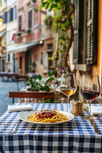 Fototapeta Naklejka Na Ścianę i Meble -  Delicious spaghetti bolognese served with wine at italian restaurant