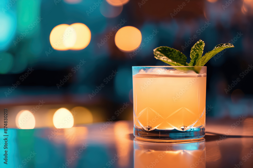 Yellow cocktail standing on bar counter with mint leaves garnish Yellow cocktail standing on bar counter with mint leaves garnish