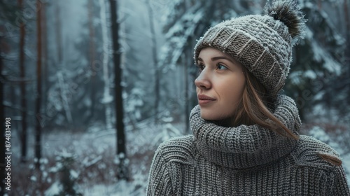 A young woman enjoying the tranquility of nature in a knitted sweater and beanie amidst the forest beauty in winter