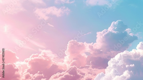 Fototapeta Naklejka Na Ścianę i Meble -  Pink pastel sky background. Fantasy beautiful white fluffy clouds on soft pink sky.