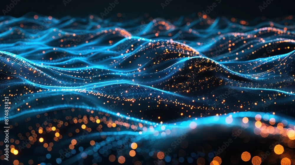 Abstract network of dots and lines with blue and orange lights on dark background, technology and travel concept Abstract network of dots and lines with blue and orange lights on dark background, technology and travel concept
