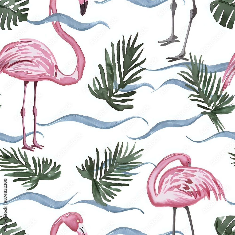 Fototapeta premium Tropical Flamingo and Palm Leaf Hawaiian Shirt Print