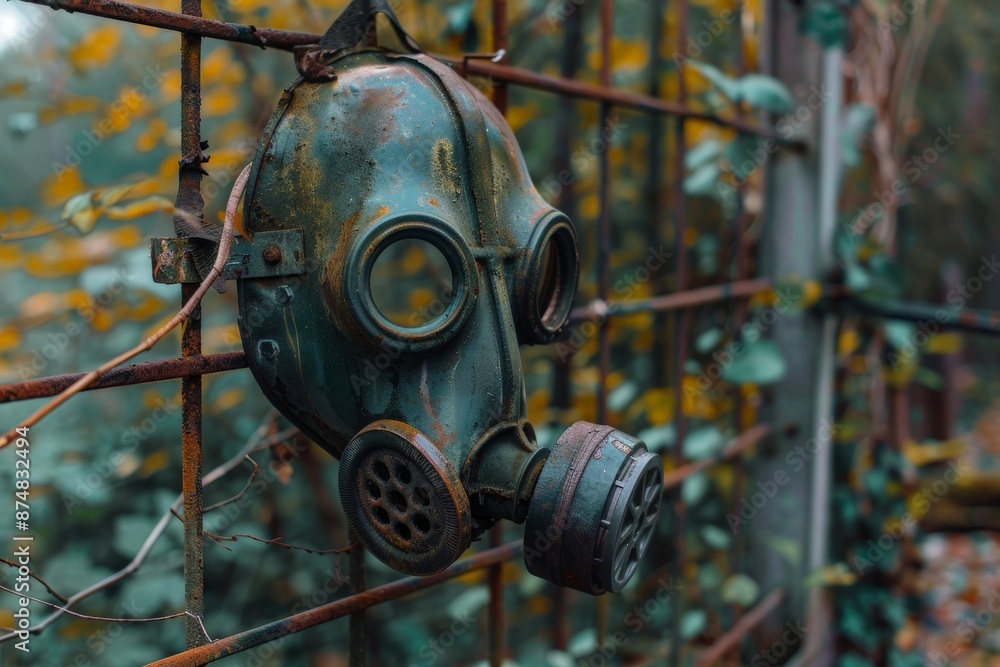 A gas mask hanging on a rusted fence, a symbol of dystopian environmental degradation A gas mask hanging on a rusted fence, a symbol of dystopian environmental degradation