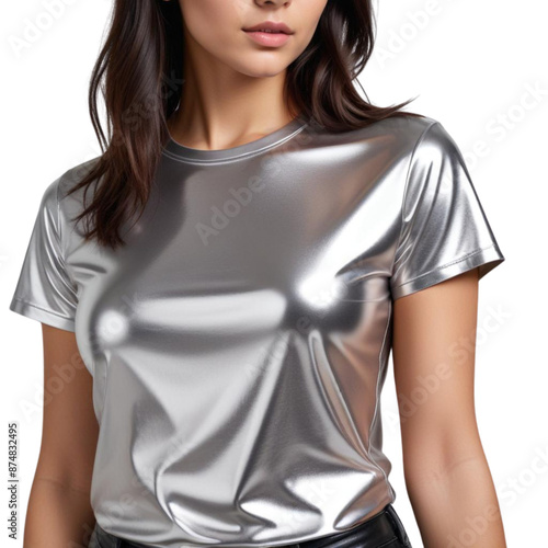 woman with silver t shart on Isolated transparent background png. generated with AI photo