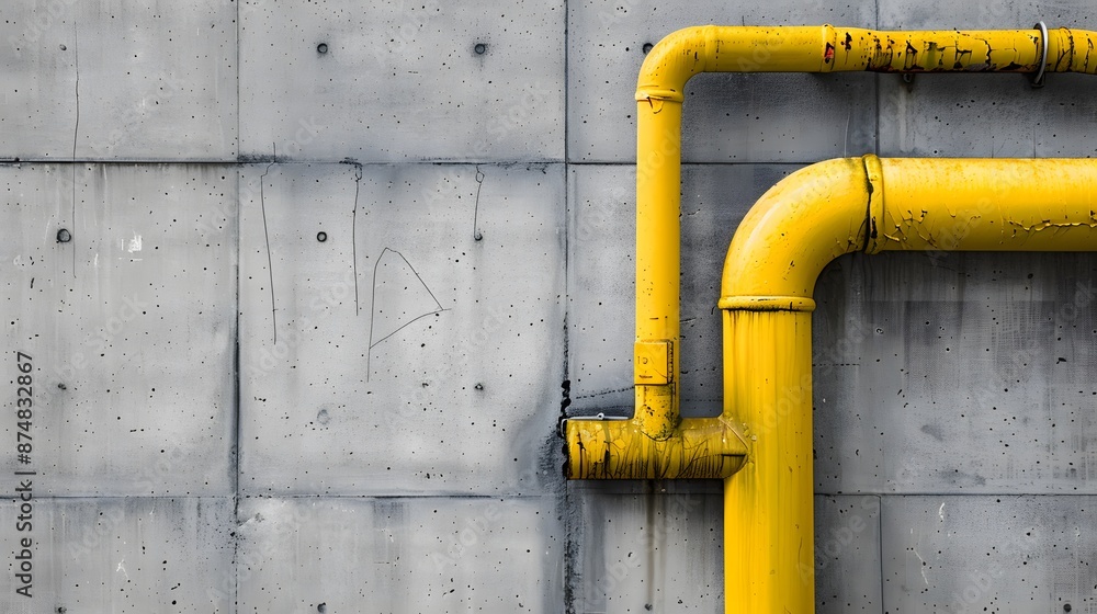 New small yellow water pipe on gray concrete wall at a corner of building texture background. New small yellow water pipe on gray concrete wall at a corner of building texture background.