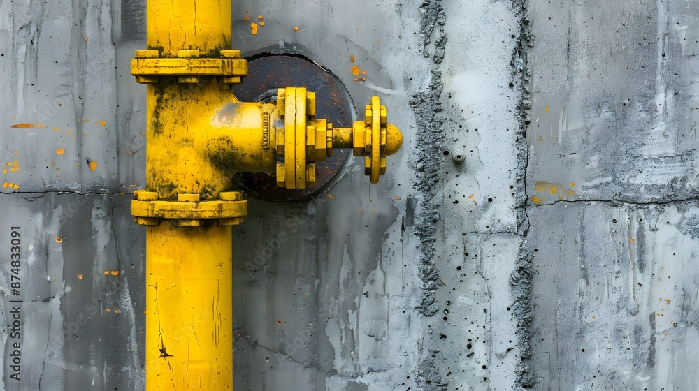 New small yellow water pipe on gray concrete wall at a corner of building texture background. New small yellow water pipe on gray concrete wall at a corner of building texture background.