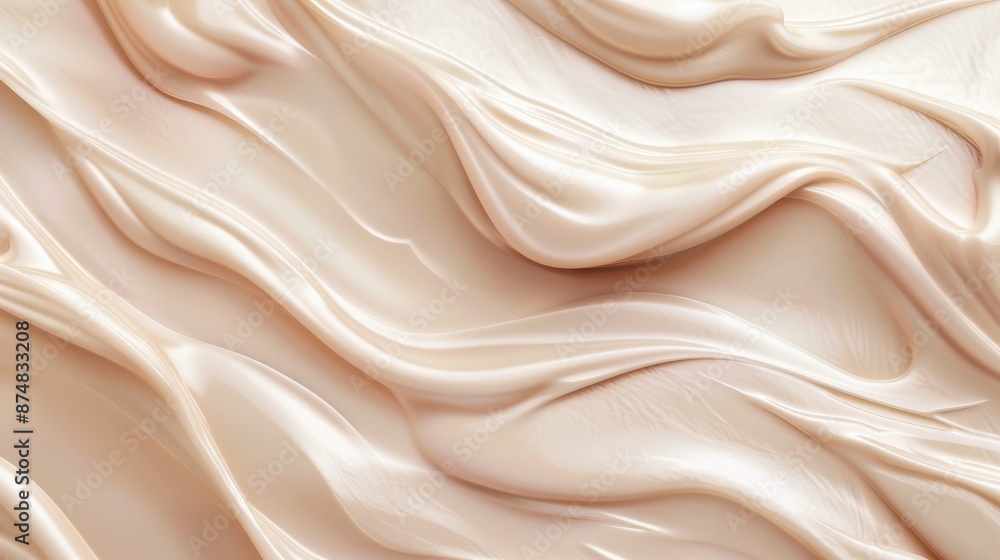 Creamy, smooth texture of a beige cosmetic product spread in wavy patterns. Soft and glossy appearance ideal for skincare or beauty product backgrounds. Creamy, smooth texture of a beige cosmetic product spread in wavy patterns. Soft and glossy appearance ideal for skincare or beauty product backgrounds.