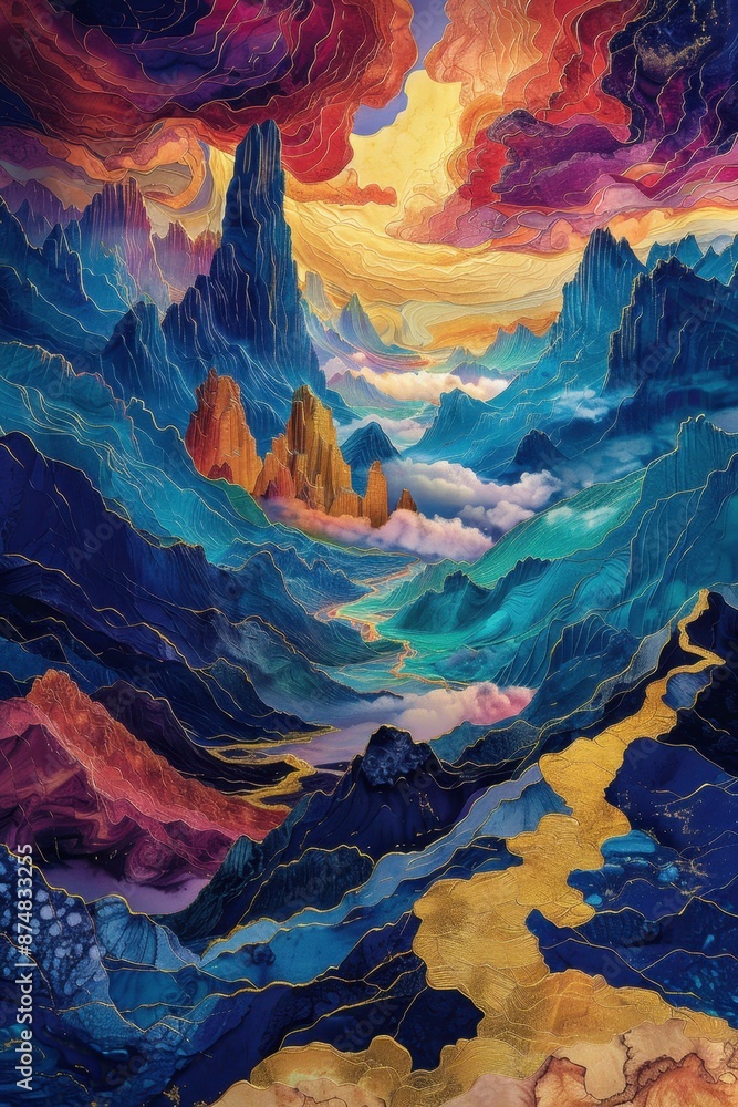 custom made wallpaper toronto digitalA surreal landscape with vibrant, layered mountains in blue, red, and gold hues. Clouds drift through valleys beneath a dramatic sky of crimson and yellow.
