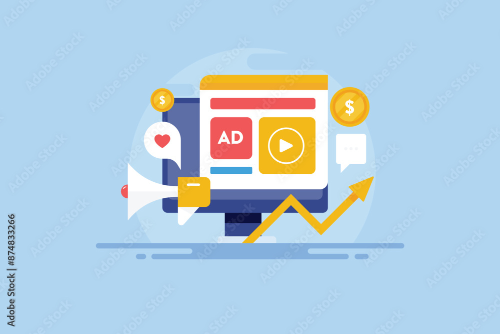 Adverising on internet website display ad network increase brand promotion and web traffic, vector illustration. Adverising on internet website display ad network increase brand promotion and web traffic, vector illustration.