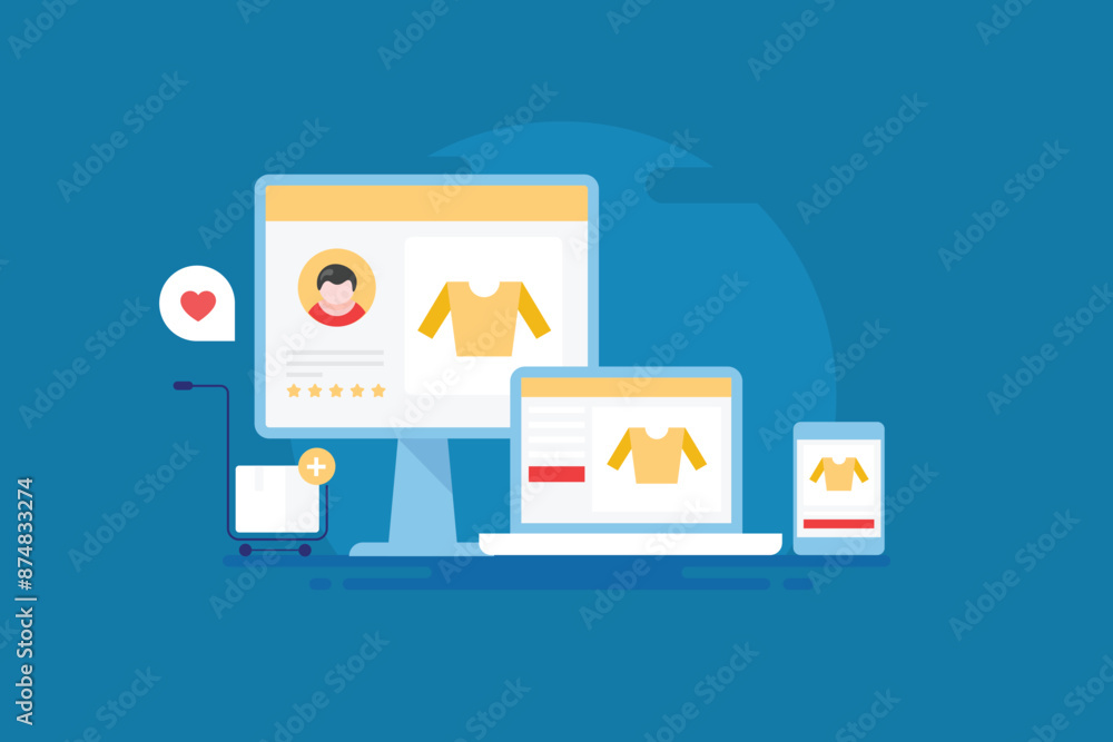 Responsive ecommerce webstore and online shopping app on smartphone, customer buying experience vector illustration. Responsive ecommerce webstore and online shopping app on smartphone, customer buying experience vector illustration.