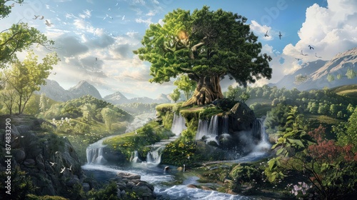 Creation. Genesis. God planted a garden in a place called Eden. Verdant and serene garden, dominated by a large tree, with waterfalls and a winding river creating a peaceful atmosphere. photo