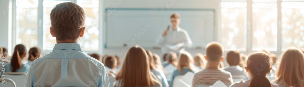 Fototapeta premium A teacher standing at the front of a modern classroom, giving a lesson to students who are eagerly taking notes, Editorial Photography style