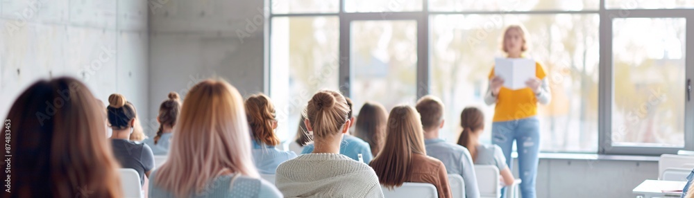 A teacher standing at the front of a modern classroom, giving a lesson to students who are eagerly taking notes, Editorial Photography style A teacher standing at the front of a modern classroom, giving a lesson to students who are eagerly taking notes, Editorial Photography style
