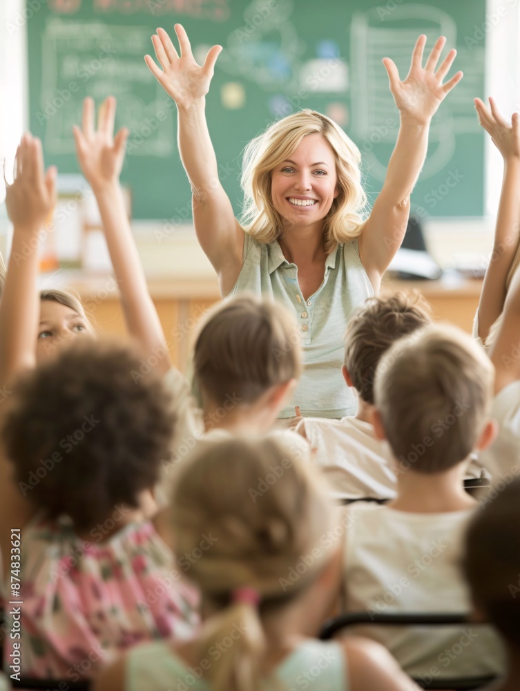 Fototapeta premium A lively classroom scene with a charismatic teacher interacting with students, creating an inspiring learning environment, Magazine Photography style