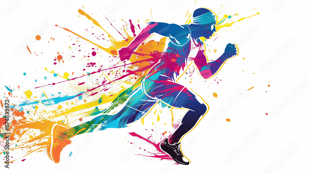 A colorful running man is depicted in a splash of paint. Concept of energy and motion, as if the runner is in the midst of a race. The vibrant colors of the paint add to the dynamic A colorful running man is depicted in a splash of paint. Concept of energy and motion, as if the runner is in the midst of a race. The vibrant colors of the paint add to the dynamic