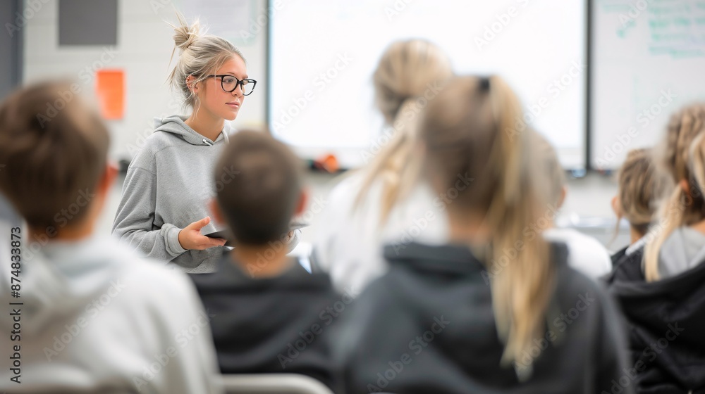 An educator passionately teaching a classroom full of attentive students, capturing the dynamic interaction and engagement, Documentary Photography style An educator passionately teaching a classroom full of attentive students, capturing the dynamic interaction and engagement, Documentary Photography style