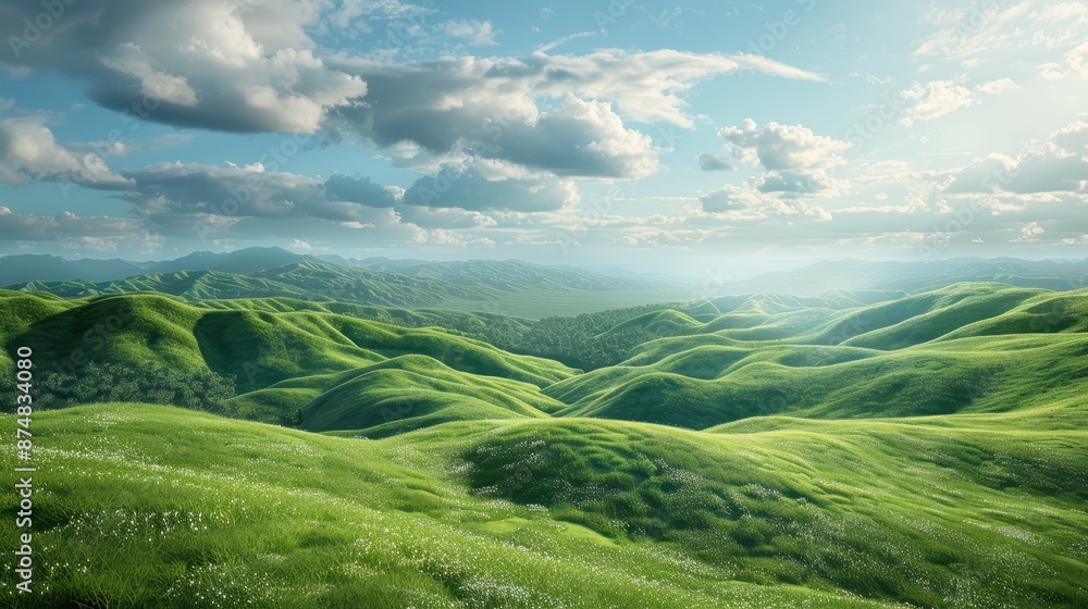 Fototapeta premium Expansive green hills rolling under a wide, open sky, the lush landscape basking in the soft light of early morning, a feeling of endless growth and the fresh breath of nature