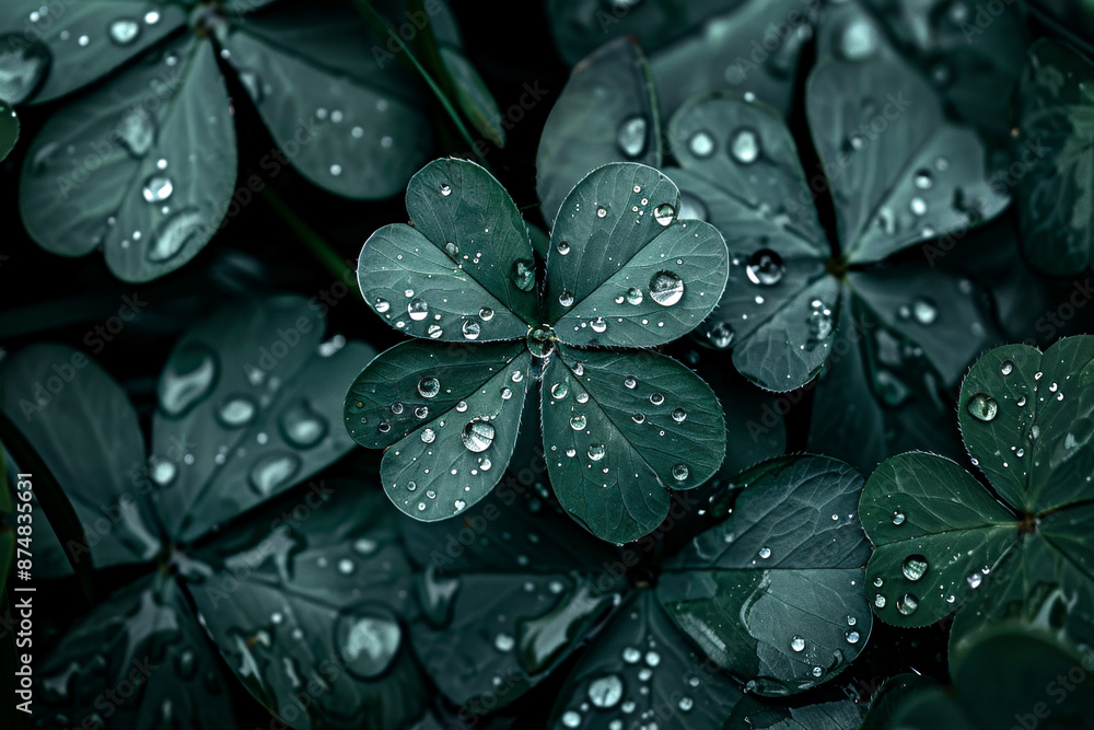 Dark-themed close-up of clover leaves adorned with water droplets under dim light, symbolizing mystery, nature's resilience, and subtle beauty. Dark-themed close-up of clover leaves adorned with water droplets under dim light, symbolizing mystery, nature's resilience, and subtle beauty.