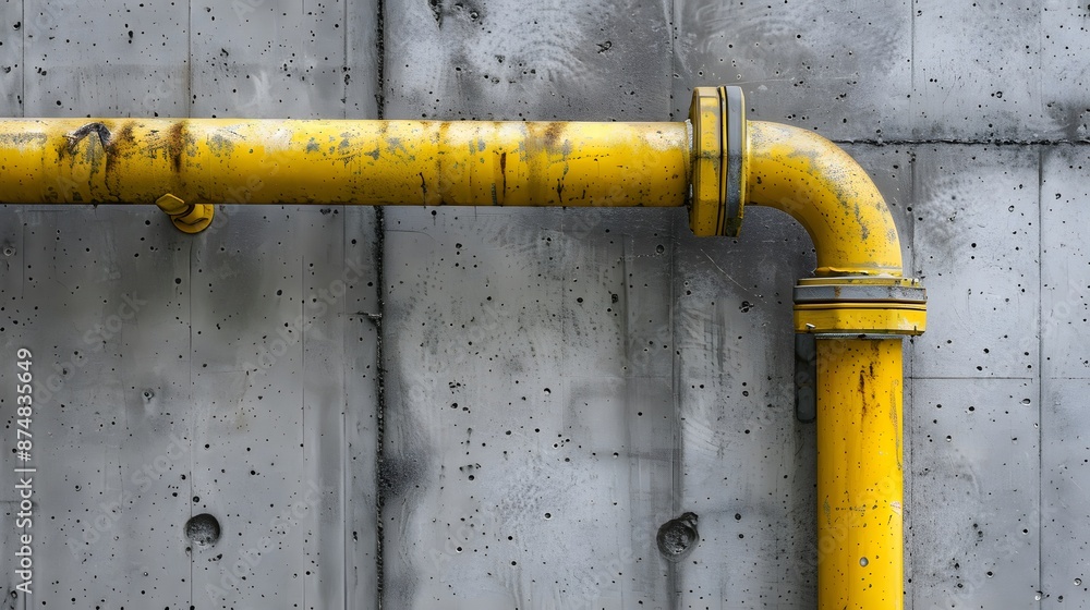 New small yellow water pipe on gray concrete wall at a corner of building texture background. New small yellow water pipe on gray concrete wall at a corner of building texture background.