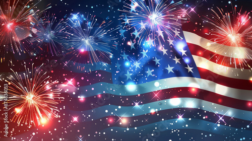 Sparkling celebration on American flag background for Independence Day.