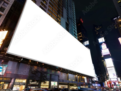Night cityscape with a wide landscape horizontal square blank billboard in Times Square, New York City , blank, billboard, mock up, night, city, New York, Times Square, advertising