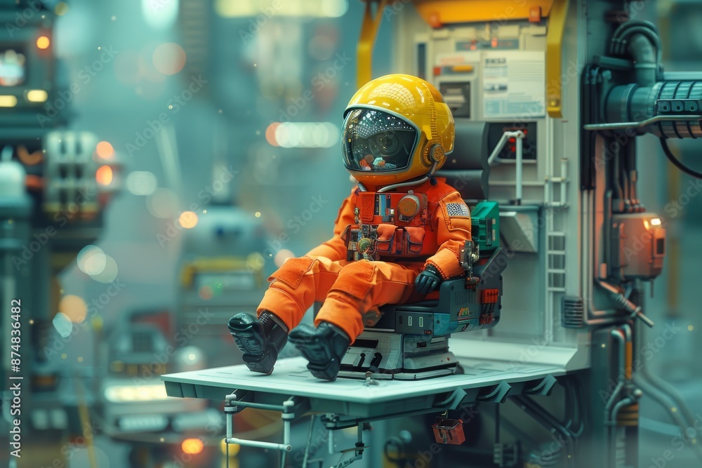 Astronaut in orange suit sitting in a futuristic control room, emphasizing space exploration and advanced technology. Astronaut in orange suit sitting in a futuristic control room, emphasizing space exploration and advanced technology.