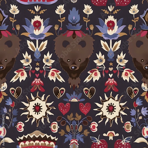 Wallpaper Mural Symmetrical Brown Bear and Nature Elements Seamless Pattern for Home Decor Torontodigital.ca