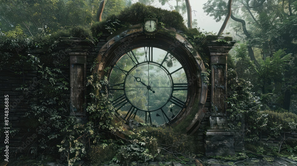 Fototapeta premium Stunning portal adorned with watch face, forest landscape.