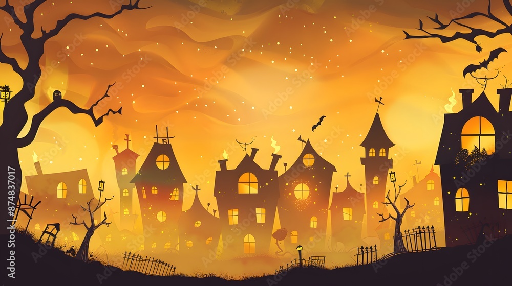 Mysterious and spooky village shrouded in an eerie orange mist on Halloween night Mysterious and spooky village shrouded in an eerie orange mist on Halloween night