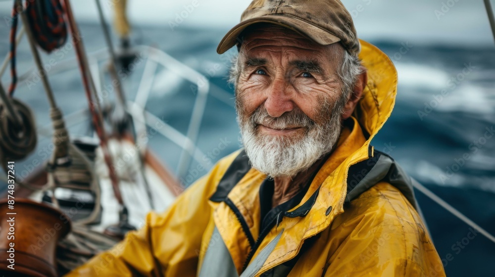 Portrait of a happy old sailor at sea. AI. Portrait of a happy old sailor at sea. AI.